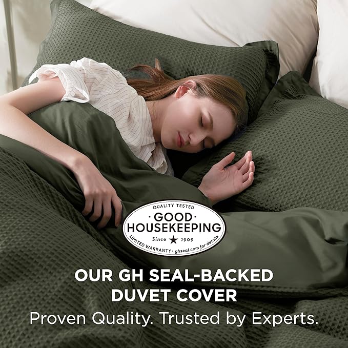 Bedsure Cotton Duvet Cover Queen - 100% Cotton Waffle Weave Olive Green Duvet Cover Queen Size, GentleSoft™ and Breathable Bedding Set for All Season, 3 Pieces, 90"x90"