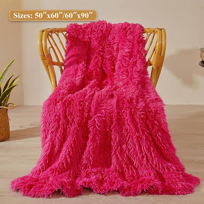 XeGe Luxury Faux Fur Blanket, Hot Pink Soft Big Fluffy Throw, Shaggy Plush Decorative Couch Throw, Cute Furry Fuzzy Bed Blanket for Bedroom Living Room, Hot Pink, 60x90