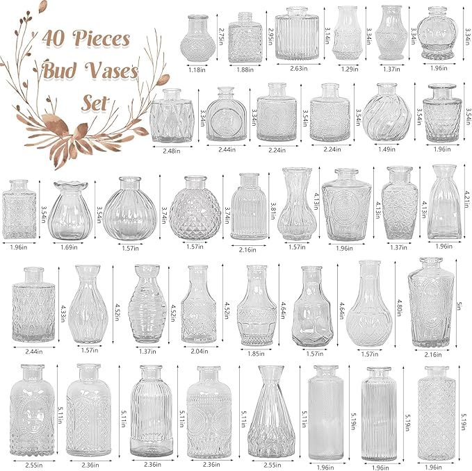 Set of 40 Glass Bud Vases, Small Clear Glass Vases in Bulk, Mini Vintage Embossed Flower Vase for Wedding, Centerpieces, Birthday Party, Baby Shower, Home Table Decorations (Clear)