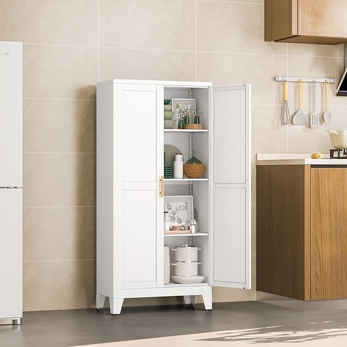 White Metal Storage Cabinet, 48" Steel Cabinets for Home Office, Kitchen Pantry Storage Cabinet with Doors and 3 Adjustable Shelves, for Office, Home, Garage, School
