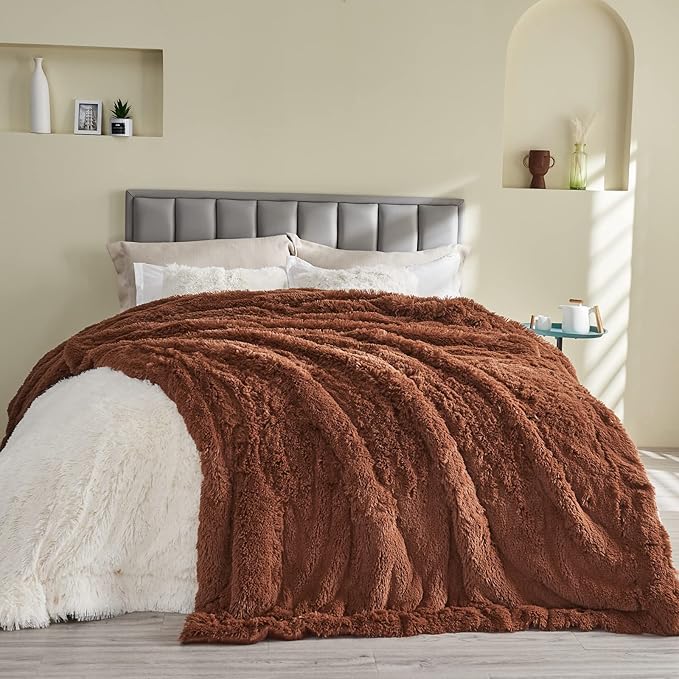 GONAAP Fuzzy Faux Fur Throw Blanket Twin Size Coffee Super Soft Cozy Plush Fuzzy Shaggy Blanket for Couch Sofa Bed (Coffee, Twin(60"x80"))
