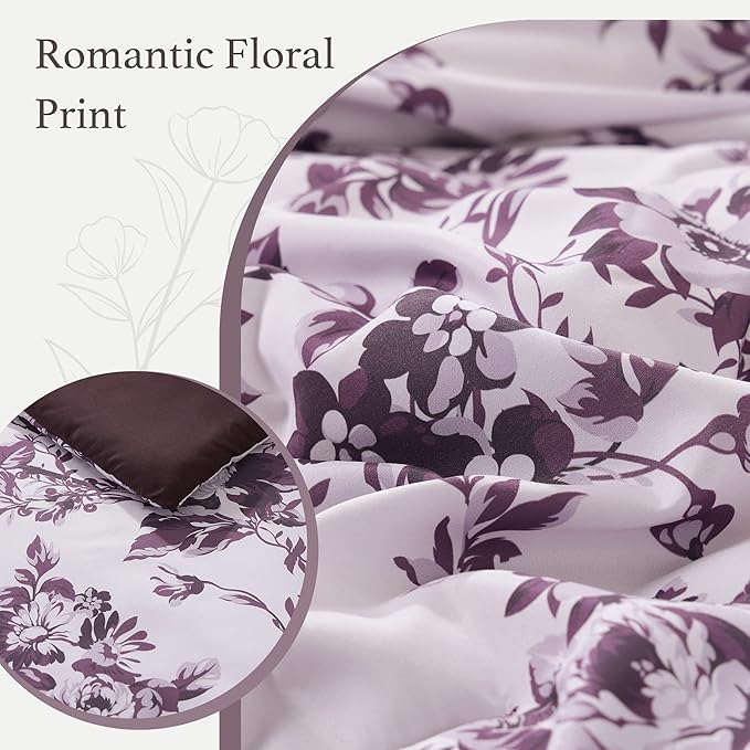 King Comforter Set -7 PiecesDeep Purple Floral Comforter Set for All Seasons, Bed in a Bag King with Botanical Flowers Comforter, Sheets, Pillowcases & Shams