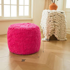 XeGe Fluffy Faux Fur Inflatable Pouf Ottoman, Soft Fuzzy Foot Stool Anti-Slip, Plush Foldable Foot Rest Floor Pouf for Kids Girls Adult, Cute Round Ottoman Cushion Living Room Bedroom, Hot Pink