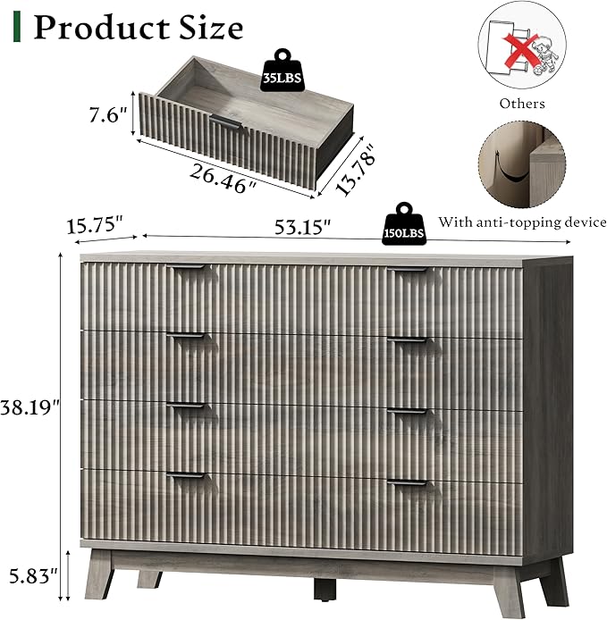 Fluted Dresser with 8 Drawers, 54" Wide Wood Chest of Drawers with Metal Handle, Wooden Dresser TV Stand, Modern Closet Clothes Storage Organizer for Bedroom, Living Room, Hallway, Light Grey