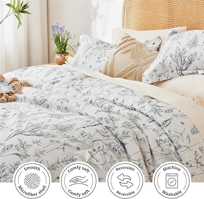Love's cabin White Twin Size Comforter Set - Twin XL Size Dorm Bedding, 2 Pieces Cute Floral Bedding Comforter Set, Reversible Botanical Flowers Comforter, 1 Comforter & 1 Pillow Sham