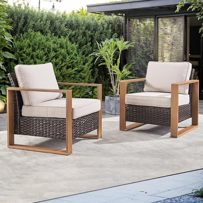 Wicker Outdoor Patio Chairs Set of 2, Rattan Patio Furniture Chairs with Sturdy Frame,All-Weather PE Wicker,Wide Armrest,Deep Seating and Thick Cushions for Deck Porch Garden(Brown/Beige)