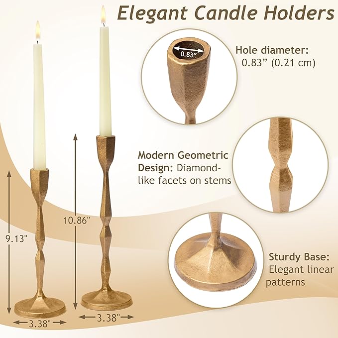 Gold Candlestick Holders Set of 2 – Brass Taper Candle Holders for Elegant Tabletop or Mantel Decor