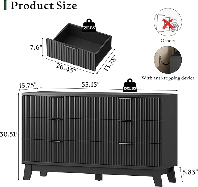 Fluted Dresser with 6 Drawers, 54" Wide Modern Chest of Drawers with Metal Handle, Wooden Dresser TV Stand, Wood Closet Clothes Storage Organizer for Bedroom, Living Room, Hallway, Solid Black