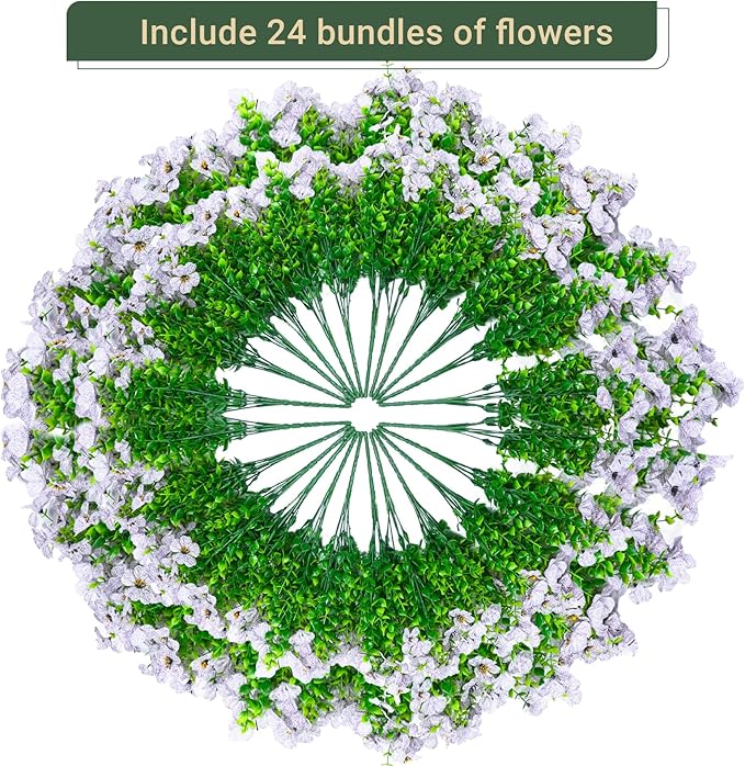 24 Bundles Artificial Flowers for Outdoors & Indoors – UV Resistant Faux Plastic Plants for Garden, Patio, Porch, Window Box, Home Decor – Lush & Vibrant Fake Flowers, White