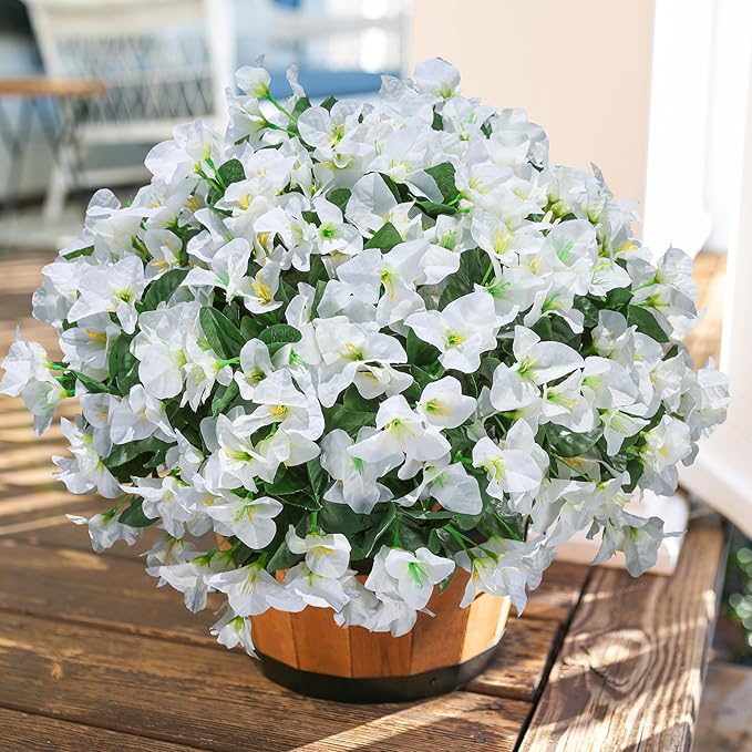 Ivydale Artificial Flowers for Outdoors, 4 Bundles Fake Bougainvillea Flower UV Resistant Silk Flowers for Outside, Outdoor Faux Plants for Planter Patio Porch Window Garden Home Decoration (White)