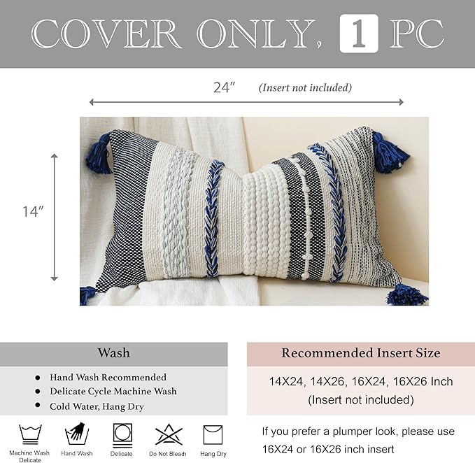 BlissBlush Decorative Lumbar Throw Pillow Cover 14x24 Boho Dark Blue Accent Cushion for Couch Sofa Farmhouse Pillowcase for Bedroom Living Room Home Décor Cover ONLY