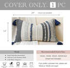 BlissBlush Decorative Lumbar Throw Pillow Cover 14x24 Boho Dark Blue Accent Cushion for Couch Sofa Farmhouse Pillowcase for Bedroom Living Room Home Décor Cover ONLY