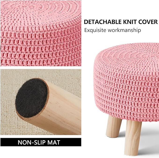 Wimarsbon Pouf Ottoman, 100% Cotton Knitted Boho Footstool, Round Footrest with Non-Skid Wood Legs, Home Décor Handmade Pouffe, Leisure Floor Step Stool for Living Room (Pink)