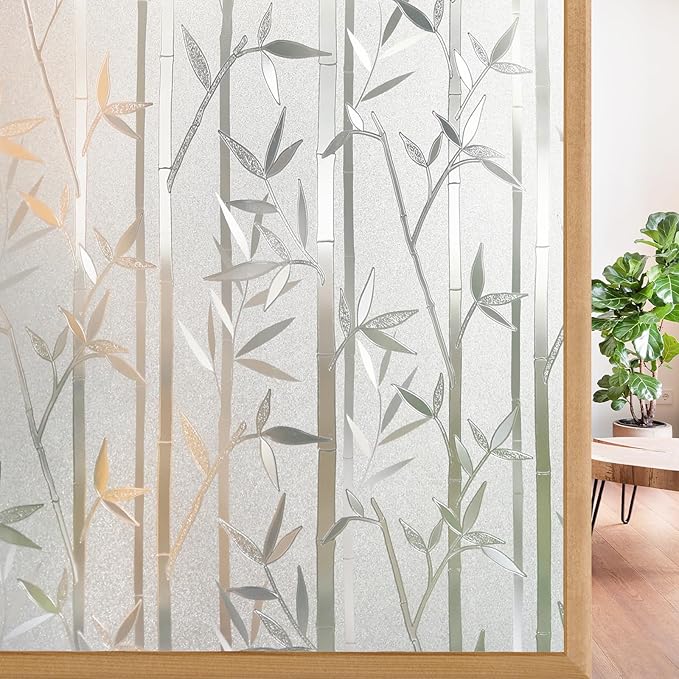 rabbitgoo Window Privacy Film Frosted Bamboo Pattern, Removable UV Blocking Stained Glass Decals Covering Decorative Window Cling for Home, 35.4 in X 6.5 Feet, Regular