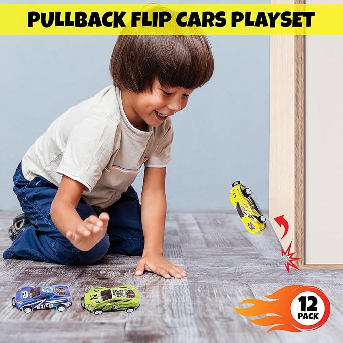 ArtCreativity Pullback Flip Cars for Kids – Set of 12 Stunt Toy Cars in 8 Designs – Diecast Mini Race Cars for Boys and Girls – Fun Retro Car Toys for Racing and Tricks