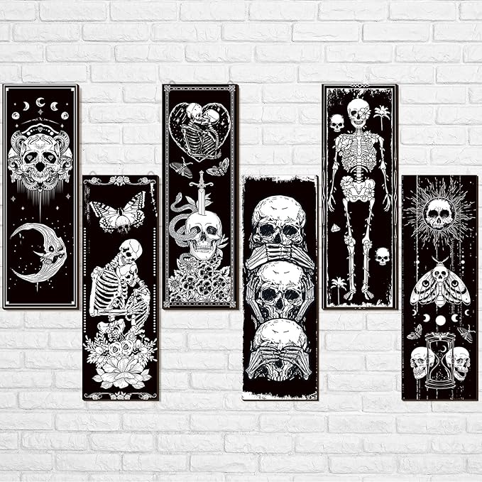 Sintuff 6 Pieces Black Gothic Wall Decor Skull Wall Art Boho Sun Moon Phases Snake Gothic Hanging Wooden Minimalist Skeleton Art Prints Vintage Pediments for Room Living Bedroom Bathroom
