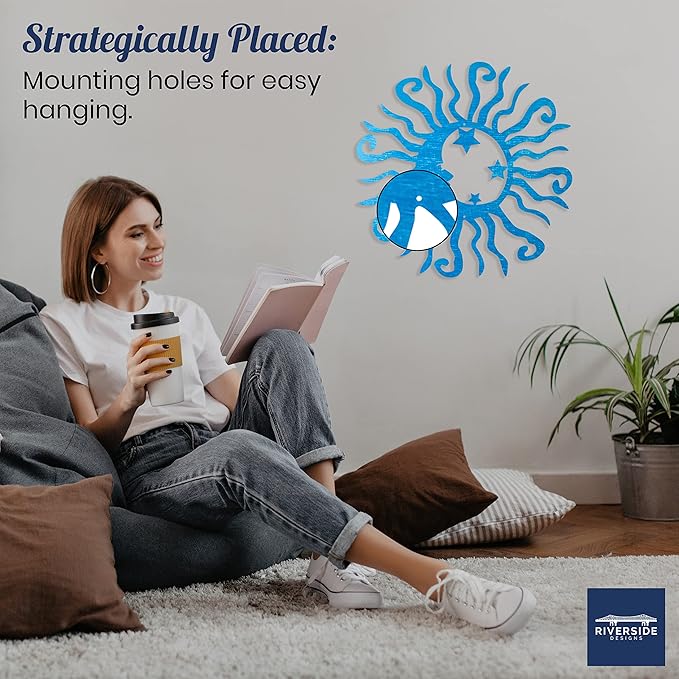 Riverside Designs Wacky Solar Moon Metal Wall Art Steel Outdoor Decor | Heavy-Duty and Waterproof | Made in USA (Teal, 30L x 30W)