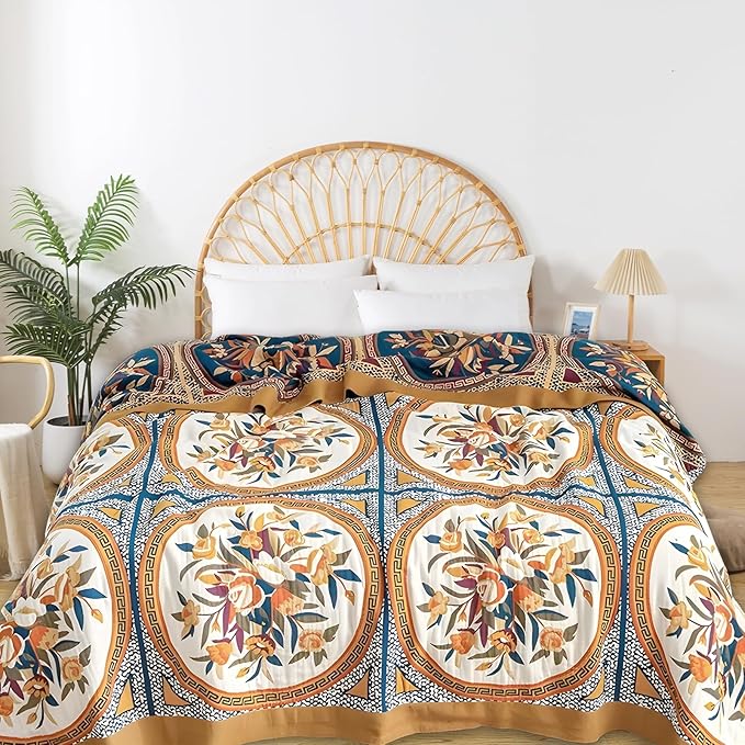 Boho Throw Blanket for Bed - 100% Pure Cotton Ultra Soft Rustic Quilt - Farmhouse Decor Bed Blankets, All Season Rustic Throw for Sofa Couch Chair(80''x 90'', Floral)