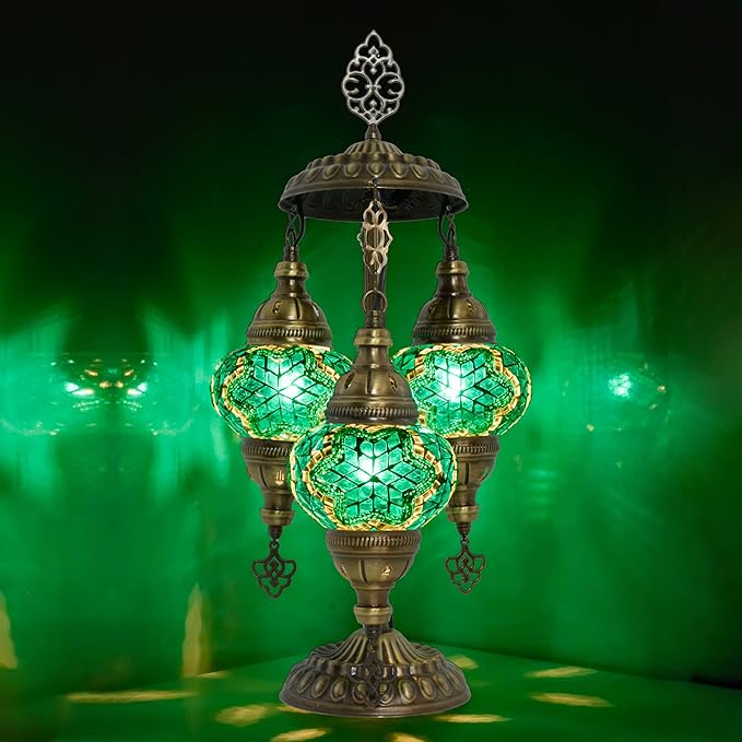 Mozaist Turkish Mosaic Lamp – 3 Globe Tiffany Table Light with Bulb (Turquoise Green)