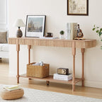 63” Console Table with 2 Drawers, Retro Entryway Table with Fluted Panel & Storage Shelf, Narrow Long Behind Couch Tables Accent Sofa Table with Solid Wood Legs for Living Room Foyer Hallway(Natural)