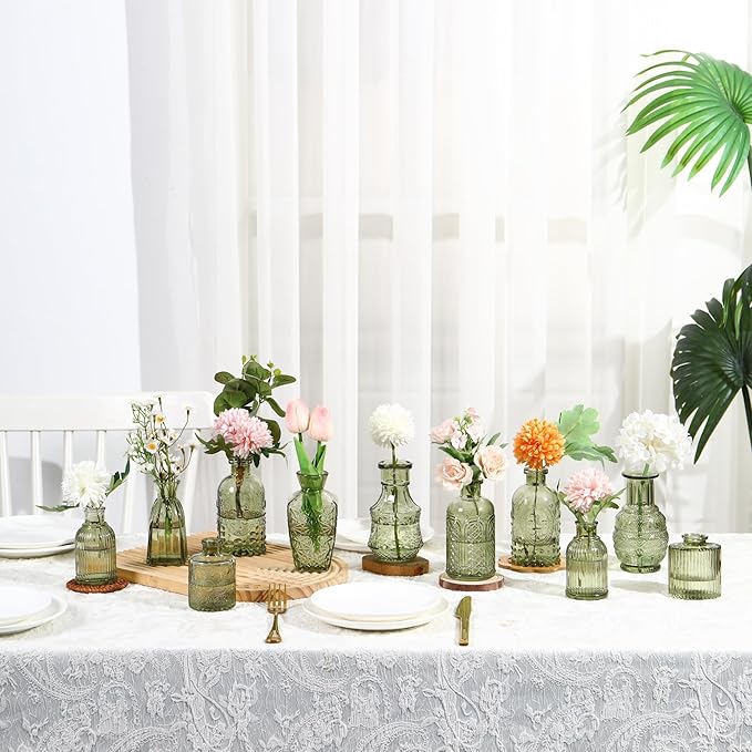 Bud Vases in Bulk 30, Green Glass Bud Vases for Centerpieces, Small Vase for Flowers, Mini Vintage Flower Vase for Centerpieces, Wedding Table Decor, Home Decor