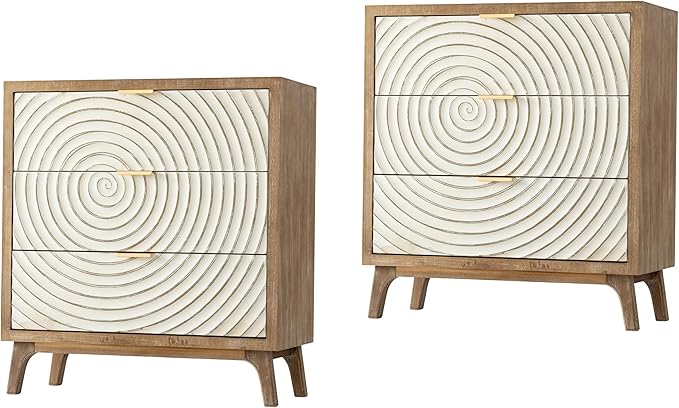 LONYKE Farmhouse 3 Drawer Dresser X 2P, White Nightstand with Handcrafted Wood Ring Motif for Bedroom, Rustic & Natural, Fully Assembled, Boho