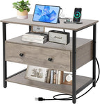 27 Inch Wide Night Stand with Charging Station, Wood Nightstand with Open Shelf, Large Drawer Bedside Table for Living Room/Bedroom/Office (Rustic Gray)