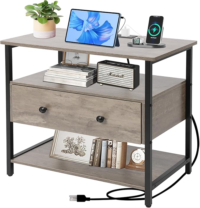 27 Inch Wide Night Stand with Charging Station, Wood Nightstand with Open Shelf, Large Drawer Bedside Table for Living Room/Bedroom/Office (Rustic Gray)