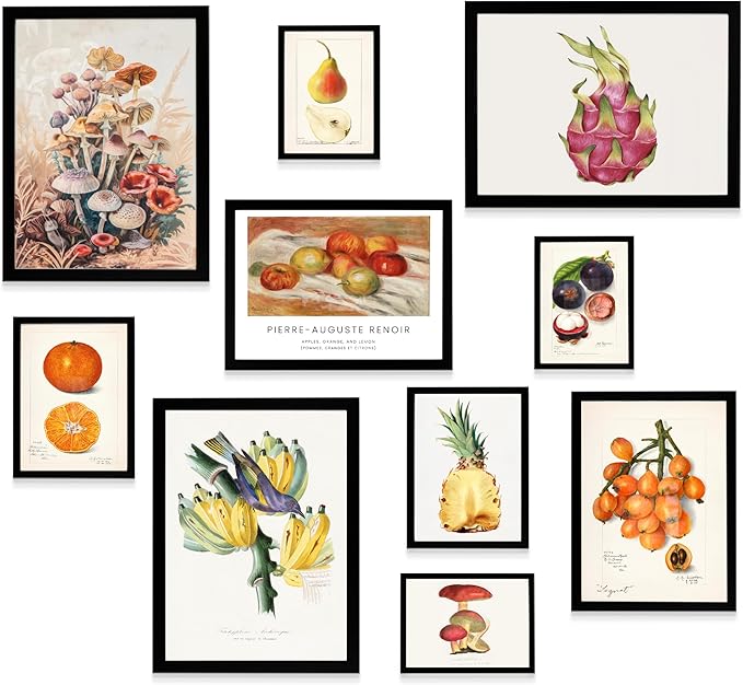 Cottagecore Decor Framed Wall Art Set, Set of 10 Aesthetic Framed Prints for Cottage Core Home Decor, Black Framed Vintage Fruits and Vegetables Pictures