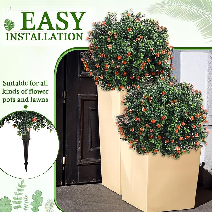 Yunlly Set of 2 Artificial Boxwood Topiary Ball Tree Fake Bushes Shrubs Outdoor Faux Plant with Ground Spike Flowers UV Resistance Greenery for Front Porch Garden Patio Indoor(Orange,27x18inch)