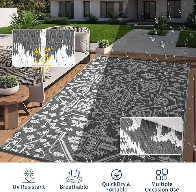 Waterproof Outdoor Rug 9x18 Reversible Plastic Straw Patio Rug, Stain-Resistant Vintage Medallion Carpet, Large Indoor Outdoor RV Mat for Deck, Camping, Balcony, Grey White