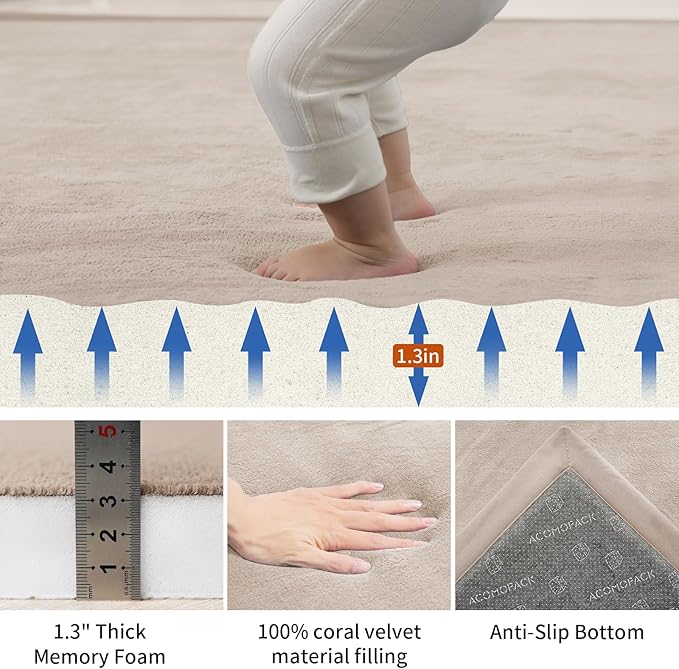 ACOMOPACK Baby Play Mat for Floor,1.3" Thick Memory Foam Area Rug for Living Room,Soft Velvet Crawling with Non-Slip Bottom for Kid,Toddler,79"×157" Tummy Time Nursery Rugs,Yoga（Beige）