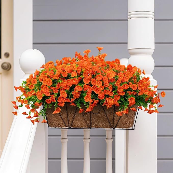 Artificial Flowers for Outdoor Decoration,16 Bundles Fake Silk Realistic Orange Morning Glory UV Resistant Faux Plastic Plants for Planter Porch Patio Yard Balcony(Orange Red)