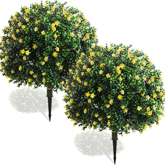 Yunlly Set of 2 Artificial Boxwood Topiary Ball Tree Fake Bushes Shrubs Outdoor Faux Plant with Ground Spike Flowers UV Resistance Greenery for Front Porch Garden Patio Indoor(Yellow,27x18inch)