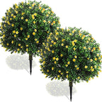 Yunlly Set of 2 Artificial Boxwood Topiary Ball Tree Fake Bushes Shrubs Outdoor Faux Plant with Ground Spike Flowers UV Resistance Greenery for Front Porch Garden Patio Indoor(Yellow,27x18inch)