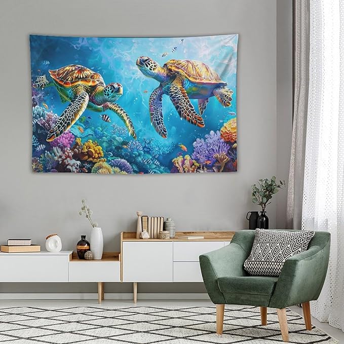 Sea Turtle Tapestry Ocean Tapestries Fabric Wall Hanging Aesthetic Space Coastal Indoor Outdoor Wall Art Tablecloth Bedspread Decoration for Bedroom Dormitory Living Room Home Decor 40"x60"