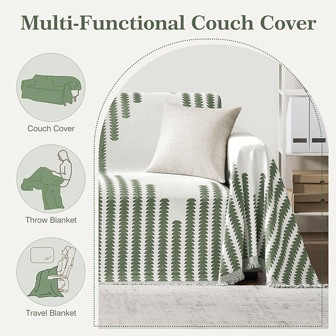 Couch Cover Boho for Dogs Washable Green Couch Covers for 2 Cushion Couch, Chenille Sectional Couch Covers L Shape Sofa Cover, Furniture Protector for Kids, Pets, Green 71" X150"