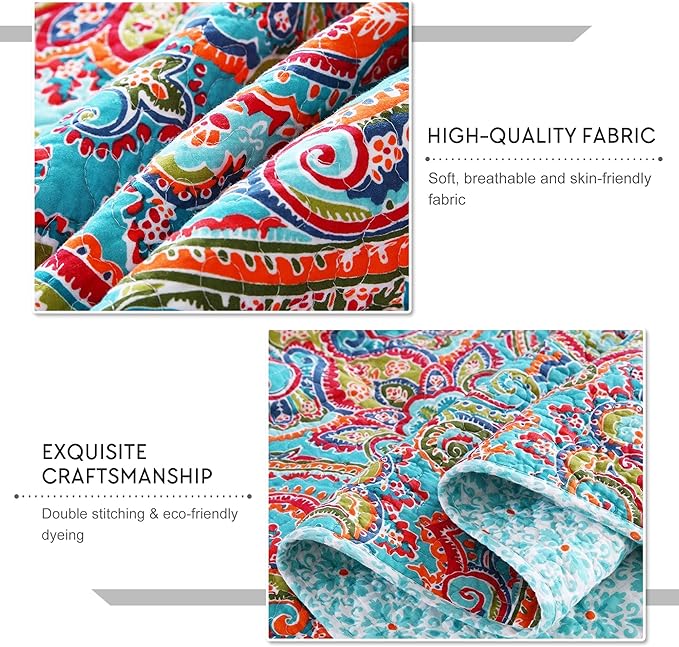 Travan 3-Piece Bedspread Quilt Set Oversized Quilted Bedding Reversible Cotton Coverlet Set with Shams, Gorgeous Floral Pattern, King Size