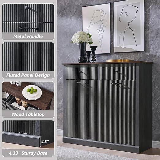 Modern Double Tilt-Out Trash Cabinet, 20 Gallon Fluted Laundry Hamper Cabinet with 2 Drawers, Wooden Hidden Garbage Can Cabinet with Storage Basket, Free Standing for Kitchen & Living Room, Grey