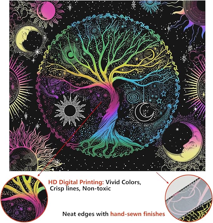 AACKart Blacklight Tapestry for Bedroom - Spiritual Tree of Life Wall Tapestry Glow in the Dark Wall Hanging 90.5 x 70.8 inches