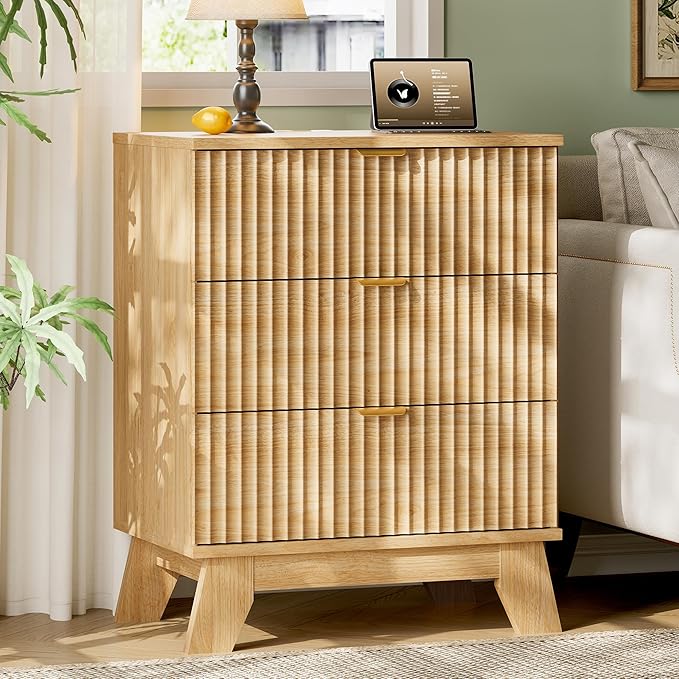 Fluted Nightstand with Charging Station, 24" Wide Bedside Table with 3 Large Storage Drawers, Modern Wood Side Table Night Stand, End Table Small Dresser for Bedroom, Living Room, Dorm, Natural Oak