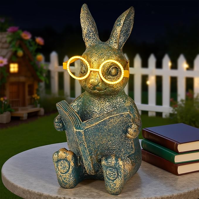 Solar Garden Decor, Adorable Rabbit Statue with Solar-Powered Glasses, Outdoor Decoration Lights for Patio, Yard & Balcony, for Kids, Mom & Grandma