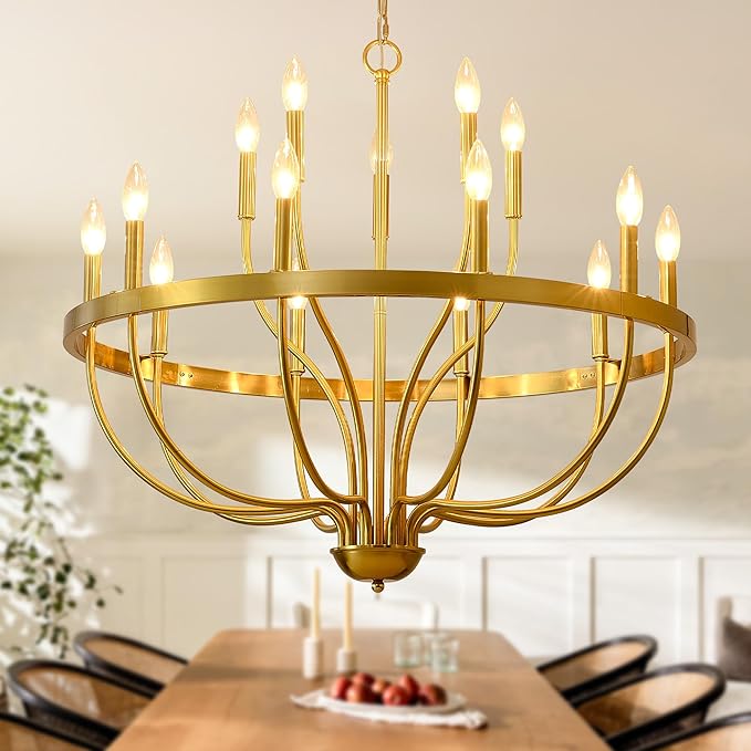 Gold Chandelier 15-Light Candle Chandelier Modern Farmhouse Pendant Lighting Fixture for Dining Room Bedroom Living Room Kitchen Island Foyer Entryway E12 Bulb Vintage Golden Ceiling Light