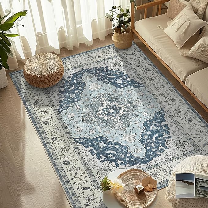 Topllen Washable Area Rug - 4'x6' Boho Living Room Rug, Non-Slip Soft Rugs Indoor for Bedroom Dining Room Office, Vintage Throw Carpet Stain Resistance (Blue, 4x6ft)