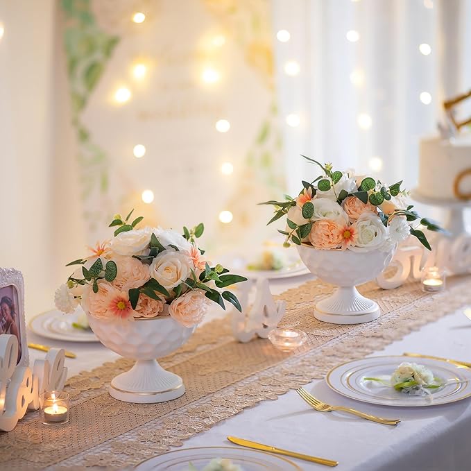 Sziqiqi White Vases for Wedding Centerpieces: 6.1in Metal Urn Vases Set of 2 Compote Vase for Decorations - Flower Arrangements Table Vase Plant Bowl for Wedding Party Event Home Decor