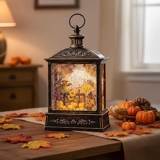 12.5'' Fall Snow Globe Lantern - Scarecrow and Turkey Lighted Water Lantern with Swirling Glitter Fall Decorations for Home, Thanksgiving, Autumn Harvest Fall Decor