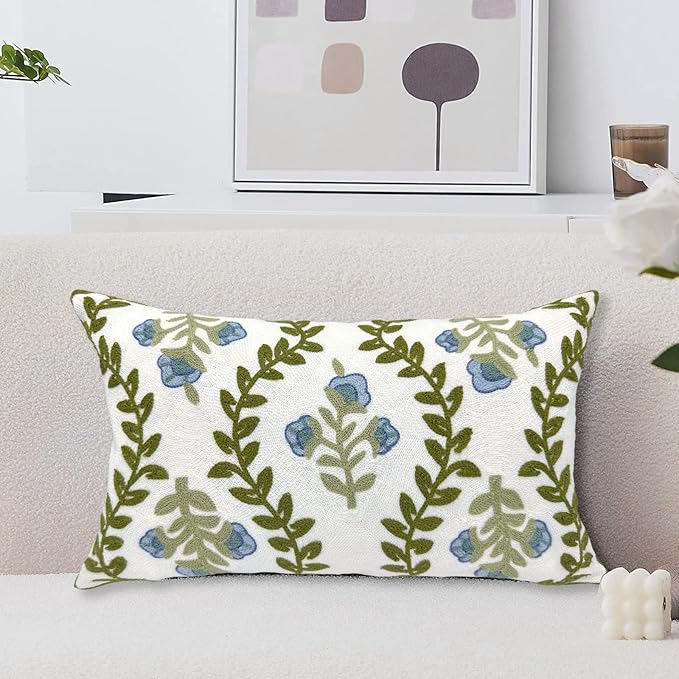 Alysheer Summer Floral Embroidered Decorative Throw Pillow Cover 12"x 20", Farmhouse Blue Flowers Green Leaves Patterned Cotton Canvas Lumbar Cushion Case for Sofa Couch Living Room Cottage Decor
