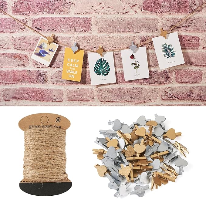 Pandahall 100Pcs Wooden Heart Clothespins Photo Clips Photo Paper Pegs Clips Gold Silver Mini Clothes Pins Holiday Card Holder Display with 10.9 Yards Jute Twine