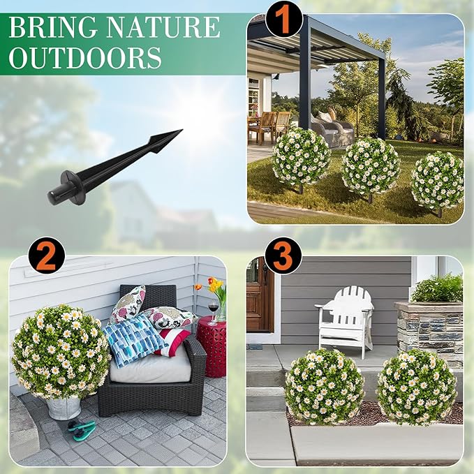 25" Artificial Boxwood Topiary Ball Trees with Daisy Flowers, Set of 2 UV Resistant No Fade Outdoor Faux Plants with Ground Spike, Fake Shrubs for Garden, Patio, Porch, Yard, Indoor Decor