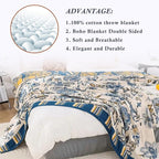 Snycler Boho Throw Blanket for Bed - 100% Cotton Ultra Soft Rustic Quilt - White Blue Floral Printed Farmhouse Decor Bed Blankets, 80"×90" All Season Rustic Throw for Sofa Couch Chair